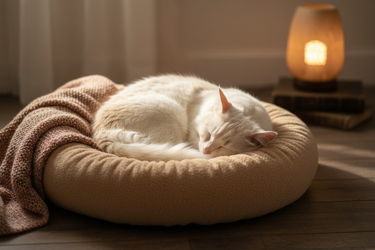 cat sleeping in a cat bed